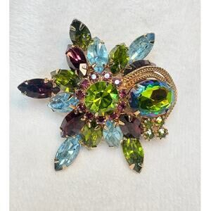 Mid‑Century Hattie Carnegie Rhinestone Brooch w/ AB Focal & Colorburst Stones